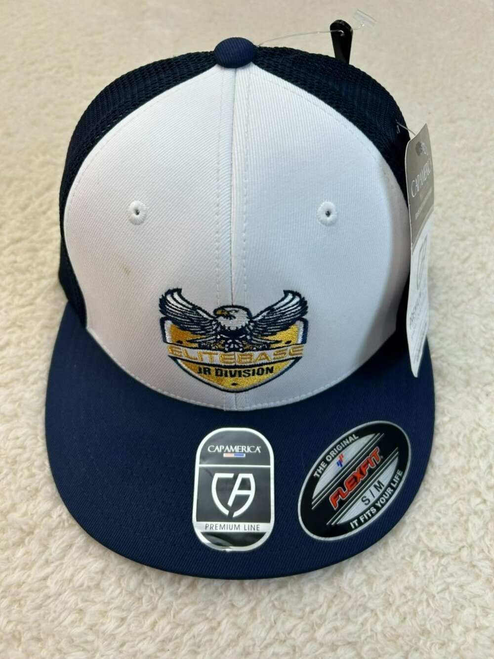 Cap America Mens Elite Base Jr Division Mesh Trucker Hat White & Navy S/M NWT